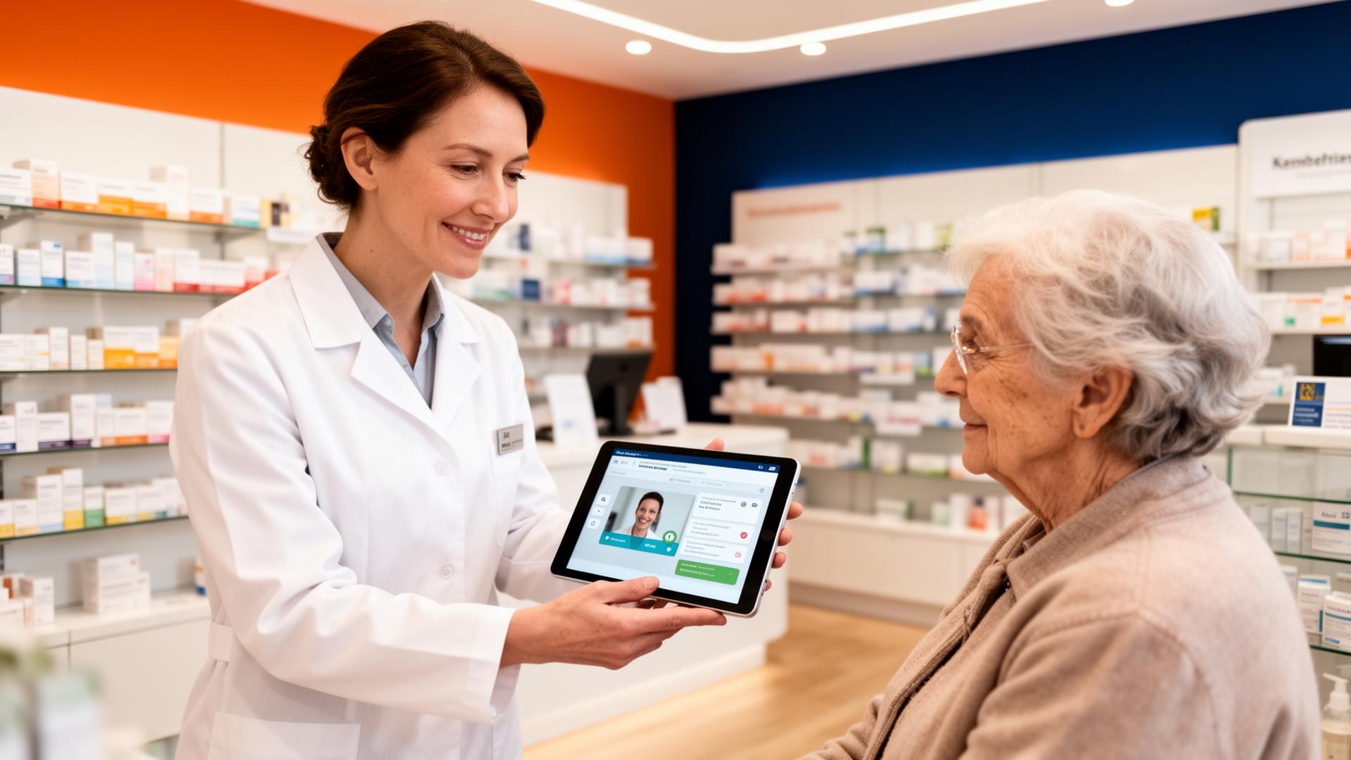 Apotheker:in unterstützt Patientin bei Telemedizin-Konsultation am Tablet